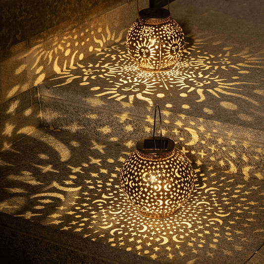 2Pack Solar Garden Lanterns Outdoor Hanging Lights Decorative Metal Moon Star Sun Table Lamps for Patio, Yard, Table, Pathway Decoration Waterproof (Bronze)