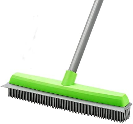 Rubber Broom for Carpet Pet Hair Remover, Carpet Rake with Squeegee Silicone Broom for Floor Cleaning Long Handle Push Broom Outdoot Indoor Non Scratch Bristle Broom for Fluff Carpet Wood Windows Tile