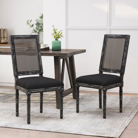 Dining Chair - Black - Rattan / Fabric