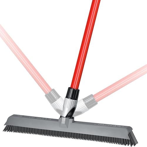 2-in-1 Silicone Broom Carpet Rake and Squeegee - Swivel Pet Hair Removal Broom with Long Handle - Slanted Side Bristles for Corners - Multipurpose Rubber Broom for Carpet, Hardwood Floor, Tile
