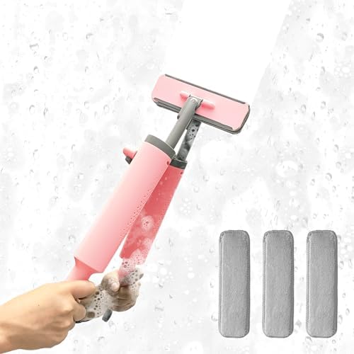 Self Squeezing Mini Mop for Small Spaces, Portable Small Mop for Bathroom, Kitchen Countertop, Glass Walls, Windows, 3 Mop Heads for Replacement, Pink