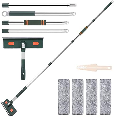 Window Squeegee with Scrubber, with Extendable 4 Section Stainless Steel Pole and 4 Microfiber Pads, for Glass, Shower, Floor, Outdoor High Window Cleaning Etc.