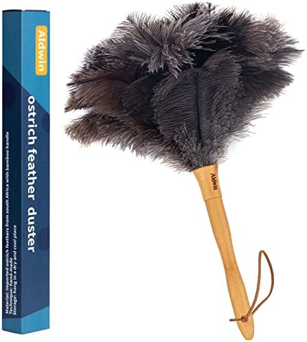 Ostrich Feather Duster, 16 inch Gray Genuine Ostrich Feather Duster with Wood Handle, Reusable and Washable Car Dusters, Eco-Friendly Cleaning Dusters for Home, Office and Kitchen