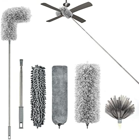 Microfiber Duster with Extension Pole(Thicker Stainless Steel Pole 2.5-8ft), 4 in 1 Extendable Duster, Washable Bendable Duster, Long Handle Feather Duster for Cleaning Ceiling Fan, Ceiling, Furniture