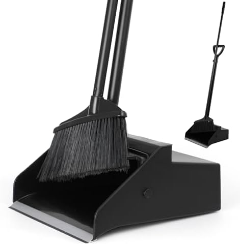 Broom with Dustpan Combo Set for Office, Indoor&Outdoor Sweeping,Broom and Dustpan Set,Large Size and Stiff Broom Dust pan with Long Handle,Stand Up Broom and Dustpan,Rectangular, Angular