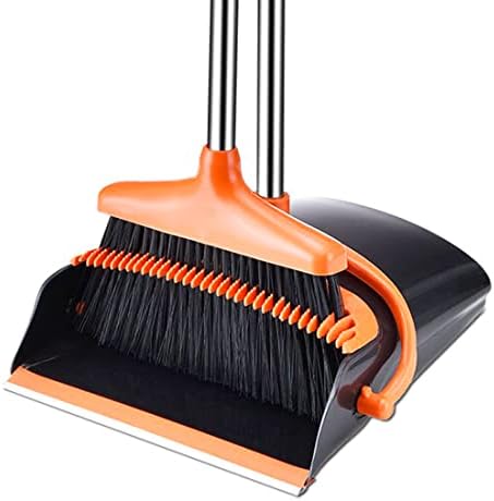 Broom and Dustpan Set for Home, Long Handle Dust Pan and Broom Combo for Indoor Outdoor Heavy Duty Broom Dustpan Set for Kitchen Lobby Office Upright Standing Dustpan with Teeth (Orange)