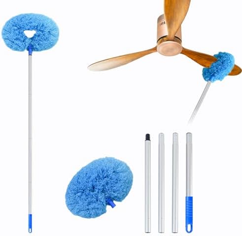 Ceiling Fan Cleaner Duster, Ceiling Fan Blades Duster with Extension Pole 12.8 to 49.8 inches Washable Reusable Microfiber Duster for High Ceilings Walls and Furniture (Blue)