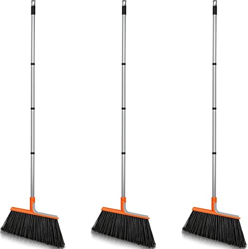 3 Pcs Heavy Duty Broom Outdoor/Indoor Broom for Floor Cleaning with 58 inch Long Handle, Angle Broom Heavy Duty Commercial Broom for Home Garage Kitchen Office Lobby Lawn Courtyard Concrete (Orange)