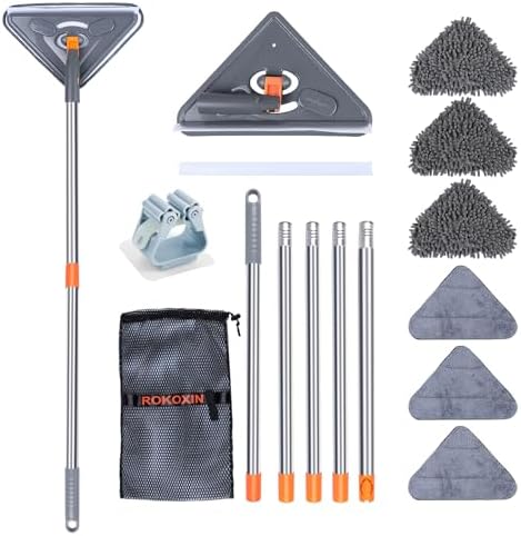 85 Inch Wall Cleaner Mop with Long Handle - Baseboard Cleaner Tool Duster for Wall Washer Cleaning Ceiling Window Floor, with Extension Pole 39" to 85", 6 Replacement Microfiber Chenille Pads