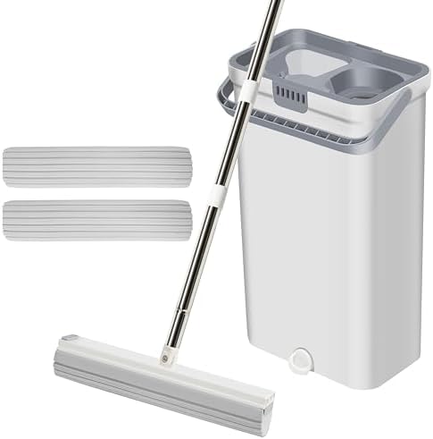 Mop and Bucket with Wringer Set for Home - Dpruztss Sponge Mop with Total 2 Sponge Heads Squeegee, Wet and Dry Use, Home Floor Cleaning System for All Floor Types