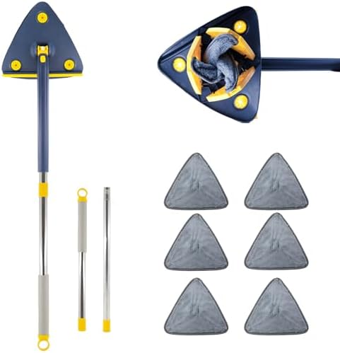 Shine Mop-Triangle Mop with Long Handle, Cleaning Spin Mop, 360° Rotatable Adjustable, Long Window Squeegee Mop, 6 Reusable Washable Mop Padsmops for Floor/Ceiling/Corner/Glass/Car/Skirting (Blue)