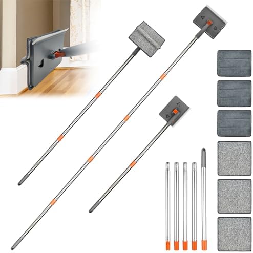 Baseboard Cleaner Tool with Long Handle Wall Cleaner Mop with Extendable Handle 6 Reusable Mop Pads Duster Cleaning Tools for Baseboard Floor Door Molding Skirting Board Ceiling Wall Window Tile