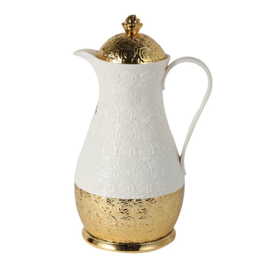 Vacuum Insulated Plastic Thermos Flask White and Gold Mix 1 Litre
