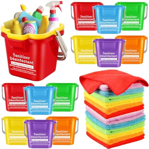 12 Sets 3 Quart Cleaning Small Sanitizing Square Bucket with Microfiber Cleaning Cloths Detergent Plastic Small Square Bucket with Handle for Household Restaurant Office School Use