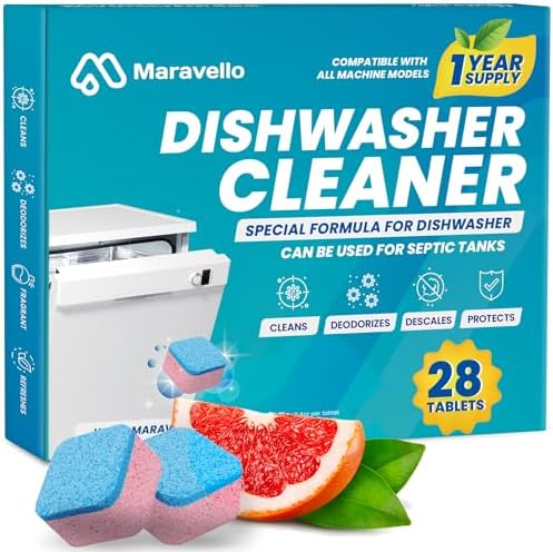 Dishwasher Cleaner and Deodorizer 28 Tablets: Maravello Clean Dish Washer Machine Detergent Tabs - Deep Cleaning Descaler Pods - Remove Limescale, Hard Water, Calcium and Odor - Septic Tank Safe