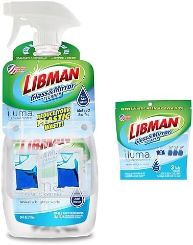 Libman Iluma Glass & Mirror Cleaner | Household Cleaning Products | Cleaning Supplies | Refillable Bottle | Glass Cleaner Spray | 24 fl oz Window Cleaner | 5 Total Concentrated Dissolvable Pods