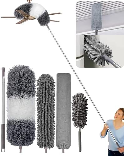 Microfiber Feather Dusters, Extendable Duster for High Ceilings, Gap Dust Cleaner for Cleaning, 17-90 Inch Long Extension Pole for Ceiling Fan, Cobwebs, Blinds, Window, Furniture & Cars 5pcs