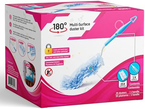 Set of 25 Dusters Refills and 1 Handle. Quality 180 Multi-Surface Duster Refill - Bulk Disposable Replacement Head - for Cleaning Furniture, Electronics, Fans, Office, Car