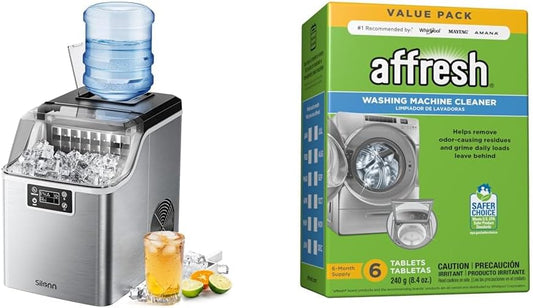 Silonn Countertop Ice Maker, 45lbs Per Day, 24Pcs Ice Cubes in 13 Min & Affresh Washing Machine Cleaner, 6 Month Supply, Cleans Front Load and Top Load Washers, Including HE