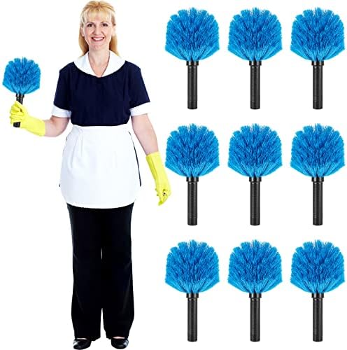 9 Pieces Twist on Cobweb Duster Bulk for Cleaning Company Cleaning Spider Web Remover Brush Cobweb Duster Head Attachment Fits Standard Threaded Poles, No Pole, Medium Stiff Bristles, Blue