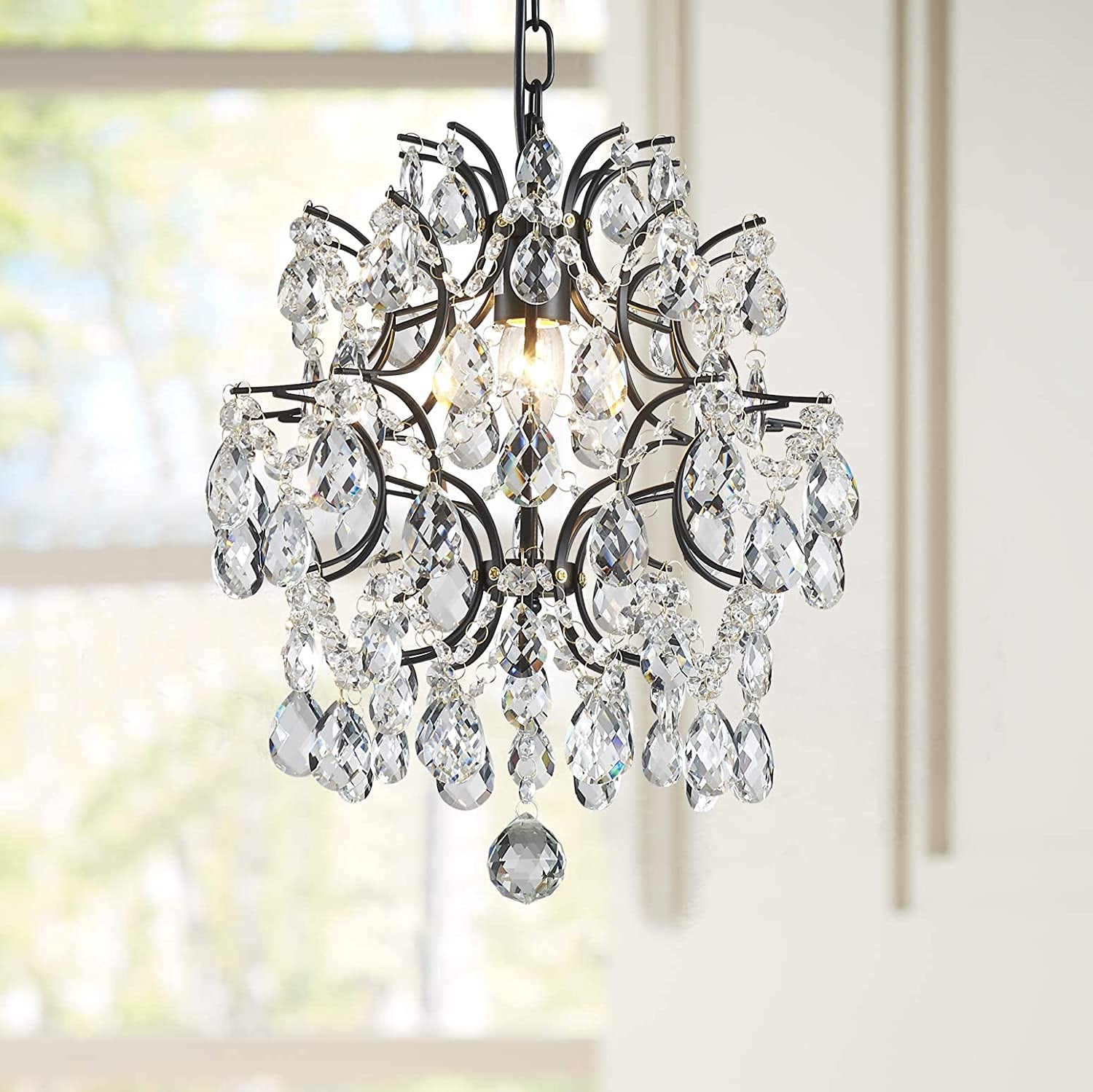 Bestier Black Modern Pendant Chandelier Crystal Raindrop Lighting Ceiling Light Fixture Lamp for Dining Room Bathroom Bedroom Livingroom Entryway 1 E26 Bulbs Required D13 in X H16 In