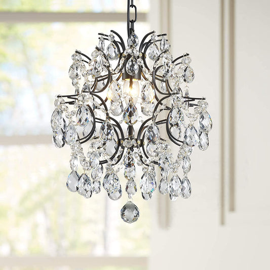 Bestier Black Modern Pendant Chandelier Crystal Raindrop Lighting Ceiling Light Fixture Lamp for Dining Room Bathroom Bedroom Livingroom Entryway 1 E26 Bulbs Required D13 in X H16 In