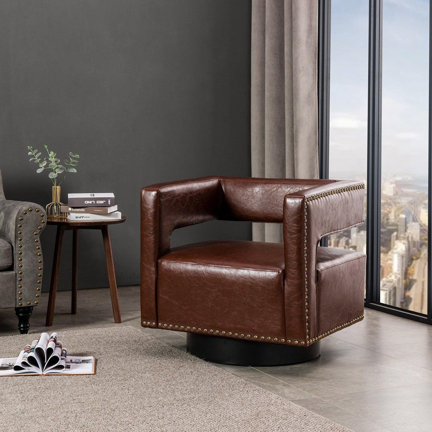 Martaci Vegan Leather Swivel Barrel Chair - Hulala Home