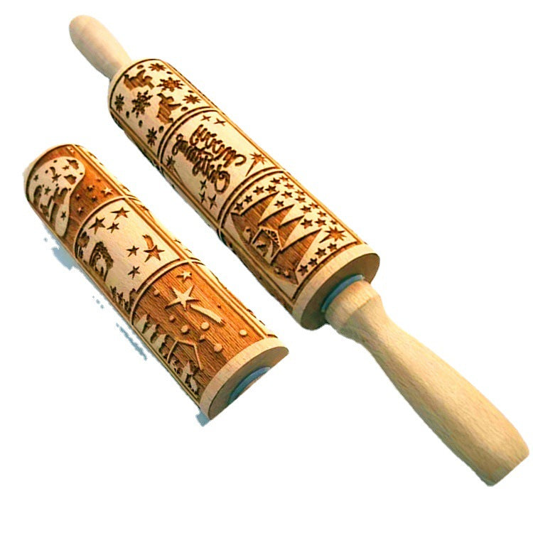 Christmas Reindeer Printed Rolling Pin - Beechwood with Laser Engraved Embossed Design for Cookies and Pastry Dough