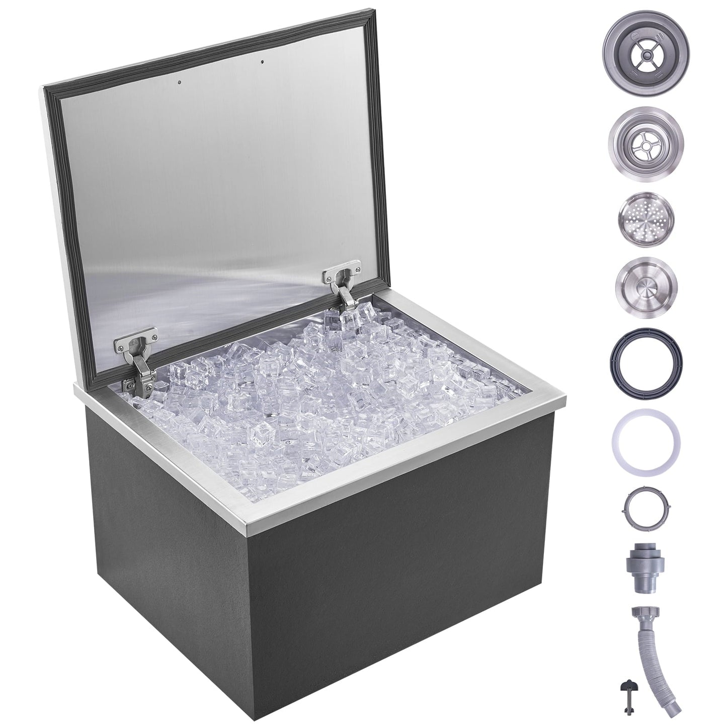 VEVOR Drop in Ice Bin Chest 20x16x13 inch Drop in Cooler Stainless Steel Outdoor Drop in Ice Chest with Cover Bar Ice Bin Drop in Wine Drops Drain-pipe and Drain Plug Included