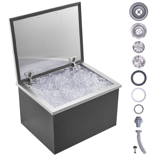 VEVOR Drop in Ice Bin Chest 20x16x13 inch Drop in Cooler Stainless Steel Outdoor Drop in Ice Chest with Cover Bar Ice Bin Drop in Wine Drops Drain-pipe and Drain Plug Included