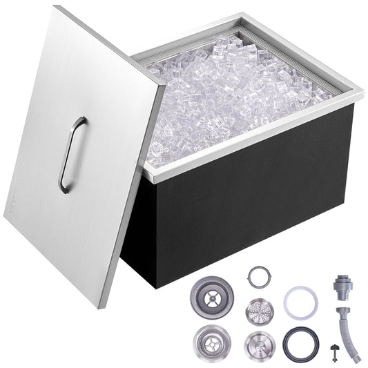 VEVOR Drop in Ice Chest 20'Lx14'Wx12'H with Cover 304 Stainless Steel Drop in Cooler Included Drain-pipe and Drain Plug Drop in Ice Bin for Cold Wine Beer