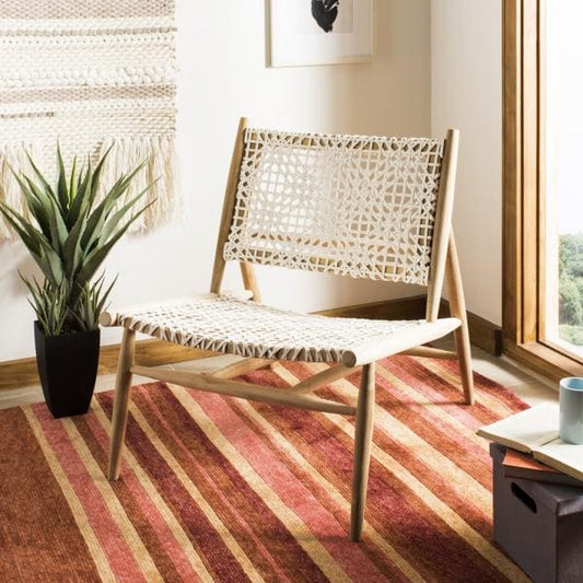 Bandelier Natural Leather Weave Accent Chair for Living Room | Light Oak