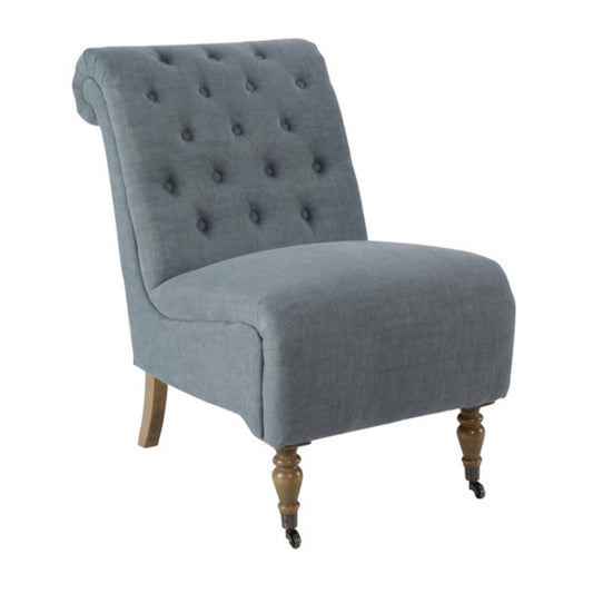 Cora Washed Blue Linen Roll Back Tufted Chair