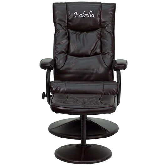 Personalized Contemporary Multi-Position Recliner and Ottoman with Wrapped Base in Brown LeatherSoft