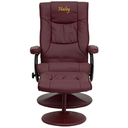 Personalized Contemporary Multi-Position Recliner and Ottoman with Wrapped Base in Burgundy LeatherSoft