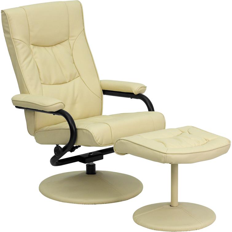 Contemporary Multi-Position Recliner and Ottoman with Wrapped Base in Cream LeatherSoft