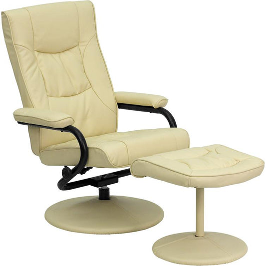 Contemporary Multi-Position Recliner and Ottoman with Wrapped Base in Cream LeatherSoft