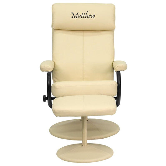 Personalized Contemporary Multi-Position Headrest Recliner and Ottoman with Wrapped Base in Cream LeatherSoft