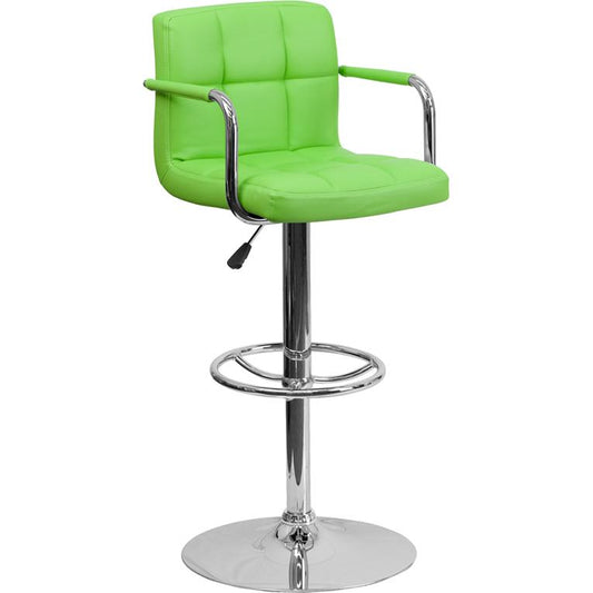 Contemporary Green Quilted Vinyl Adjustable Height Barstool with Arms and Chrome Base