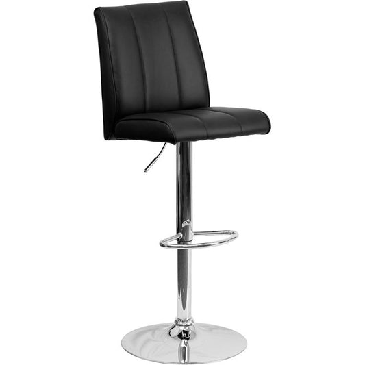 Contemporary Black Vinyl Adjustable Height Barstool with Vertical Stitch Panel Back and Chrome Base