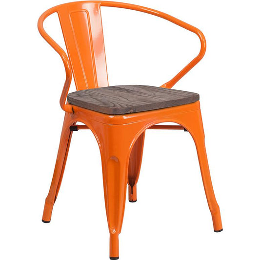 Orange Metal Chair with Wood Seat and Arms