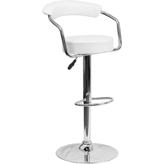 Contemporary White Vinyl Adjustable Height Barstool with Arms and Chrome Base