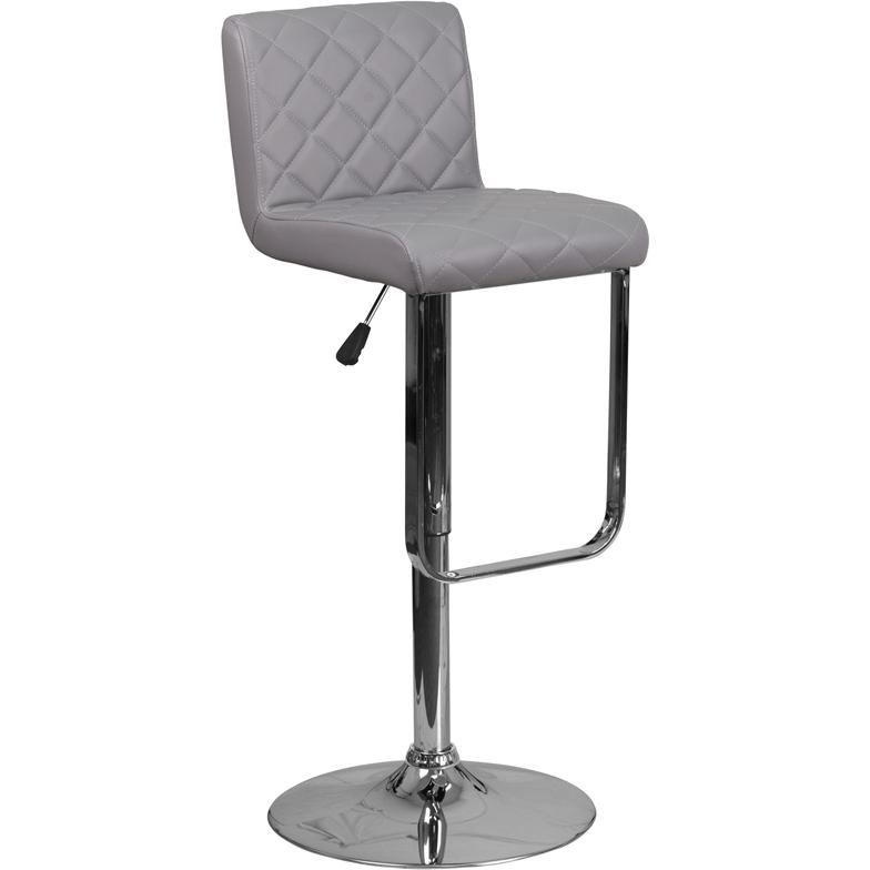 Contemporary Gray Vinyl Adjustable Height Barstool with Drop Frame and Chrome Base