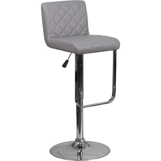 Contemporary Gray Vinyl Adjustable Height Barstool with Drop Frame and Chrome Base