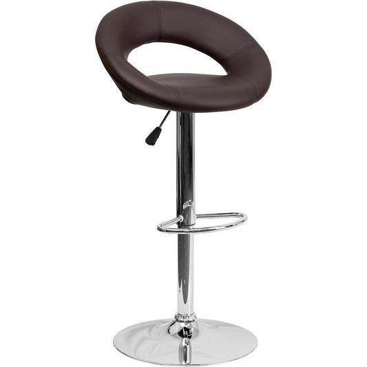 Contemporary Brown Vinyl Rounded Orbit-Style Back Adjustable Height Barstool with Chrome Base