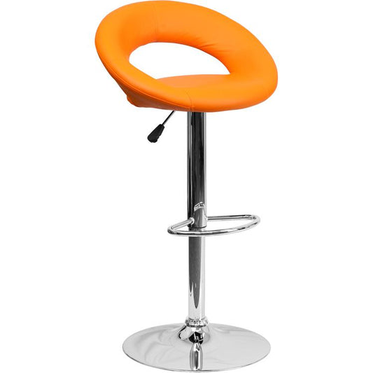 Contemporary Orange Vinyl Rounded Orbit-Style Back Adjustable Height Barstool with Chrome Base