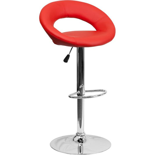 Contemporary Red Vinyl Rounded Orbit-Style Back Adjustable Height Barstool with Chrome Base
