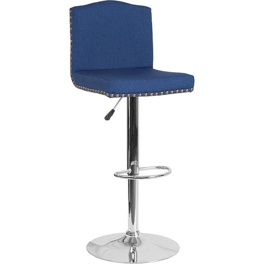 Bellagio Contemporary Adjustable Height Barstool with Accent Nail Trim in Blue Fabric