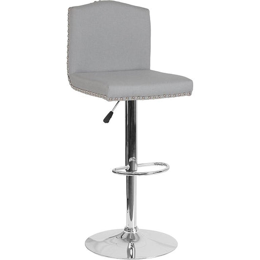 Bellagio Contemporary Adjustable Height Barstool with Accent Nail Trim in Light Gray Fabric
