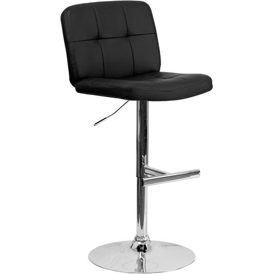 Contemporary Black Vinyl Adjustable Height Barstool with Square Tufted Back and Chrome Base